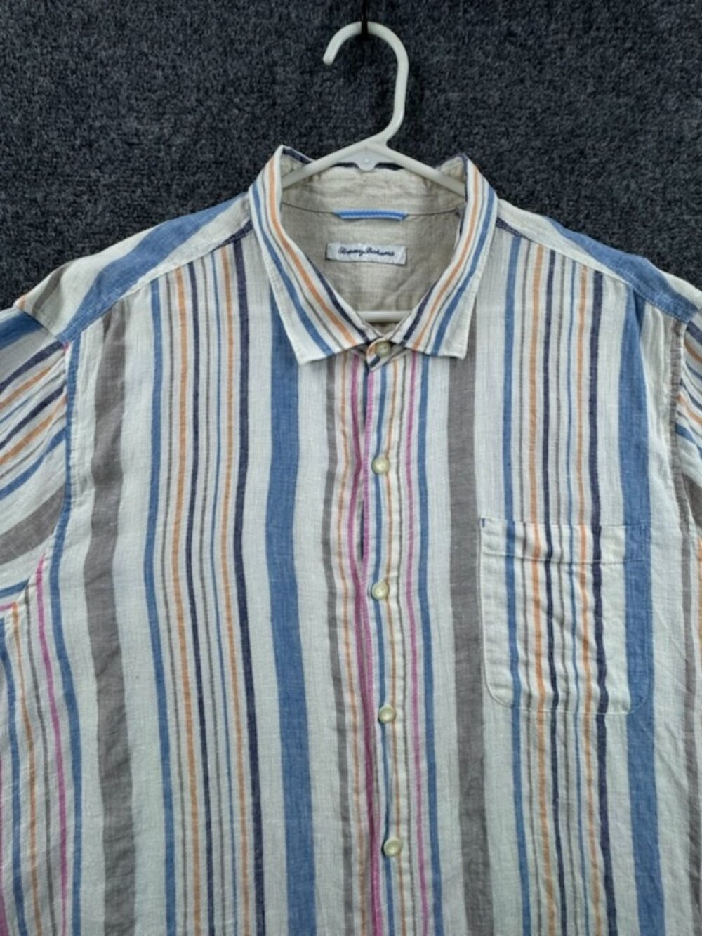 Tommy Bahama Blue Gray Striped Linen 2XL Men Shirt Hawaiian Button Up Casual